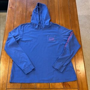 Vineyard Vines Vintage Blue Whale Long Sleeve Hooded Pocket T Shirt Size L EUC